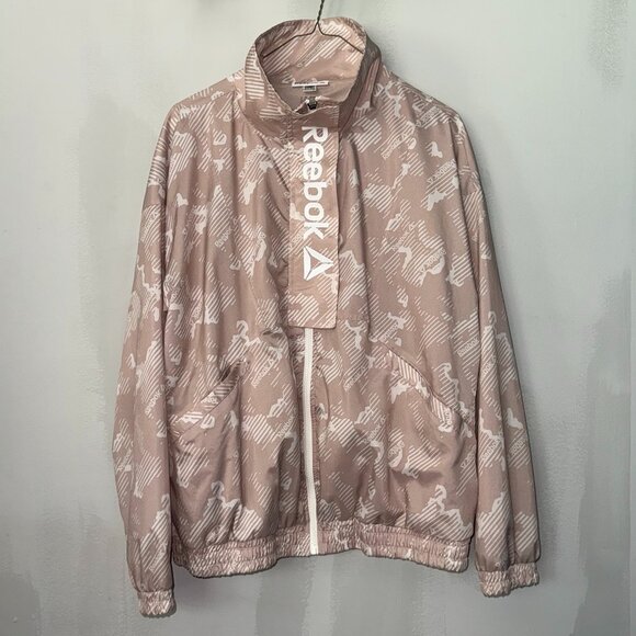 Reebok Jackets & Blazers - Reebok Women's Mesh Lined Printed Focus Tan White Athletic Track Full Zip Jacket